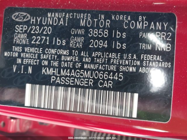 KMHLM4AG5MU066445 Hyundai ELANTRA SEL