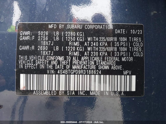 4S4BTGPD9R3188624 Subaru Outback Touring Xt