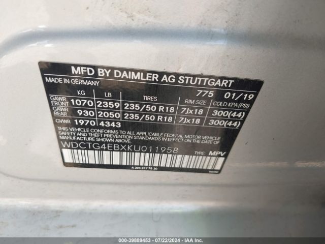 WDCTG4EBXKU011958 Mercedes-Benz GLA 250
