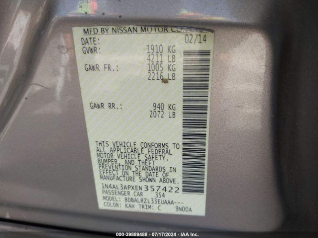 1N4AL3APXEN357422 Nissan Altima 2.5 S