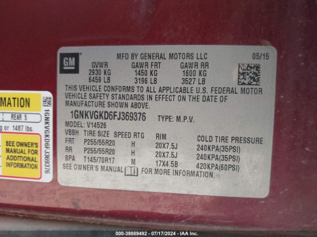 1GNKVGKD6FJ369376 Chevrolet Traverse 1lt