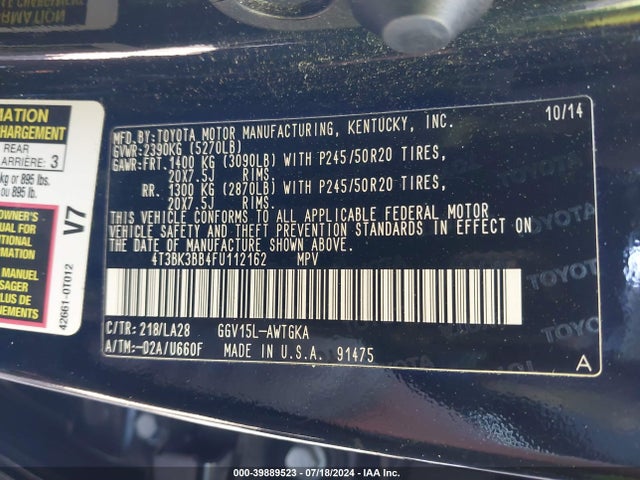 Toyota Venza Xle V6 2015 4T3BK3BB4FU112162 Image 9