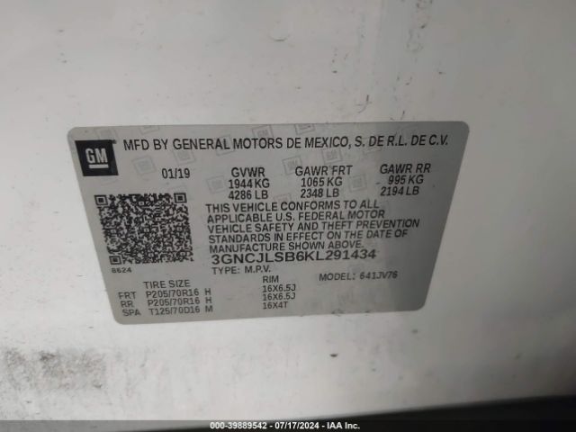 3GNCJLSB6KL291434 Chevrolet Trax Lt