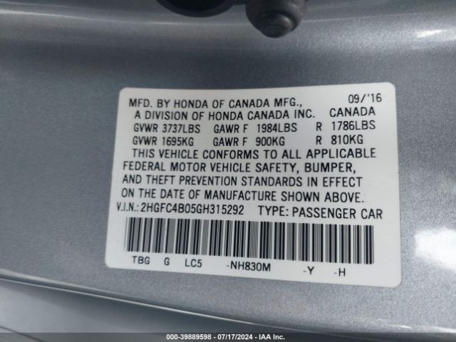 2HGFC4B05GH315292 Honda Civic Lx-p