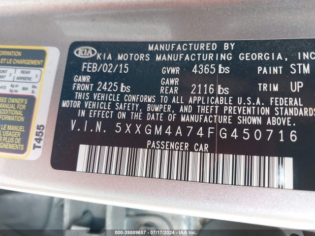 KIA Optima Lx 2015 5XXGM4A74FG450716 Image 9