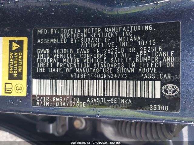 4T4BF1FK0GR534772 Toyota CAMRY LE