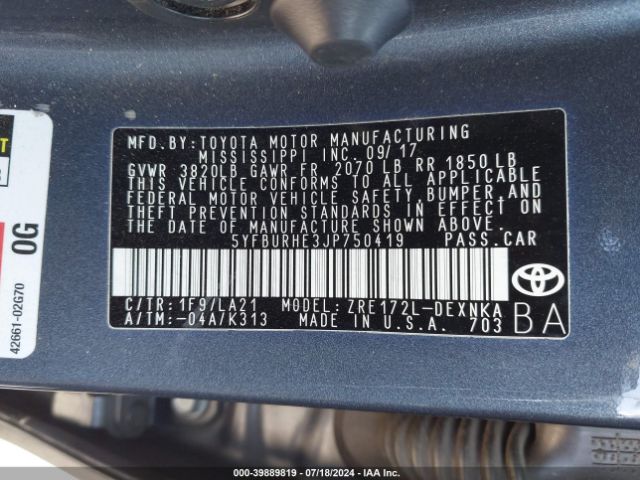 5YFBURHE3JP750419 Toyota Corolla Xle