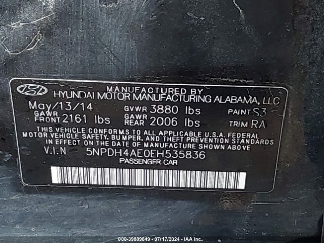 5NPDH4AE0EH535836 Hyundai Elantra Limited