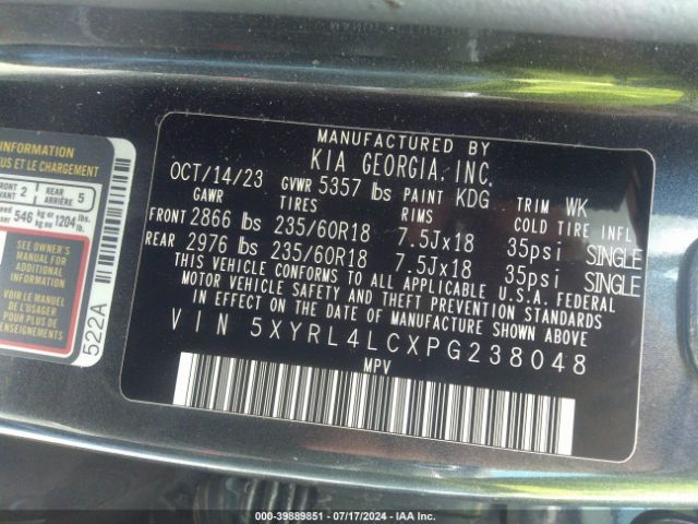 5XYRL4LCXPG238048 KIA SORENTO S
