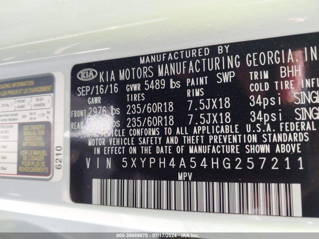 KIA Sorento 3.3l Ex 2017 5XYPH4A54HG257211 Image 9