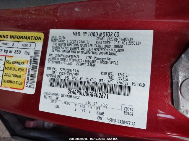 Ford Fusion Hybrid Se 2016 3FA6P0LU0GR402671 Image 9