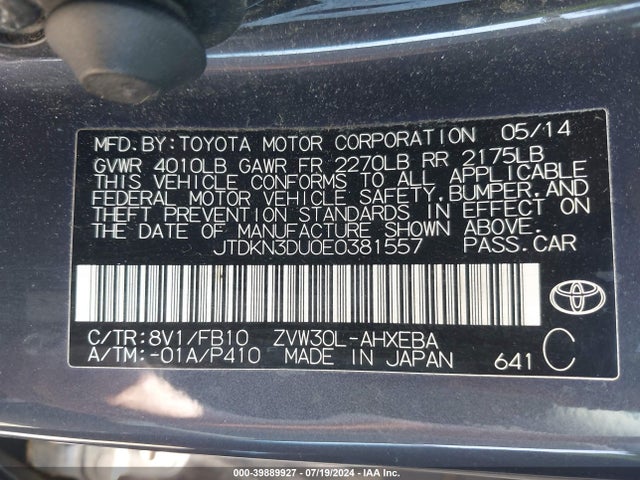 Toyota Prius Two 2014 JTDKN3DU0E0381557 Image 9