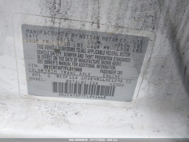 3N1CN7AP7FL841668 Nissan Versa 1.6 S/1.6 S+/1.6 Sl/1.6 Sv