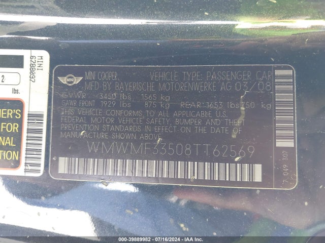 2008 MINI COOPER WMWMF33508TT62569 Photo 8