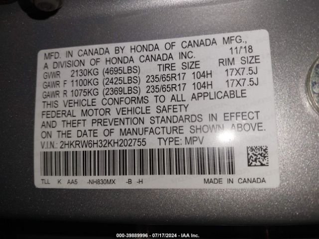 2HKRW6H32KH202755 Honda CR-V LX