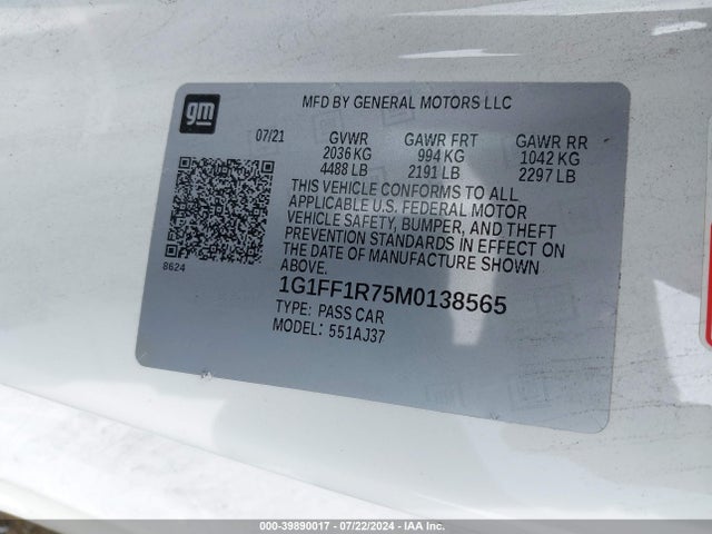 Chevrolet Camaro Rwd  Lt1 2021 1G1FF1R75M0138565 Image 9