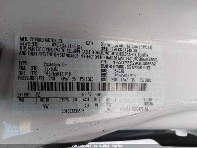 Ford FOCUS S 2016 1FADP3E29GL305682 Image 9