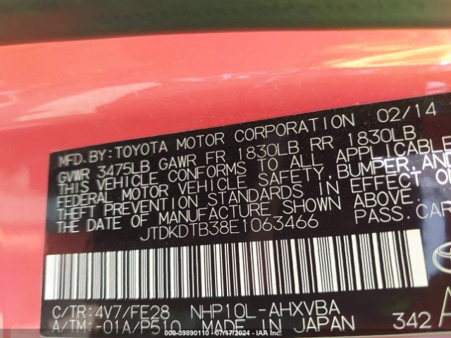 JTDKDTB38E1063466 Toyota Prius C One