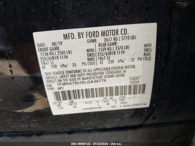 Ford EXPLORER XLT 2020 1FMSK7DHXLGA36779 Image 9