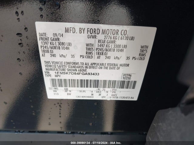 Ford EXPLORER XLT 2015 1FM5K7D84FGA93433 Image 9