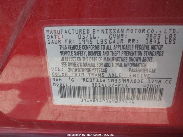 Nissan SENTRA SV 2016 3N1AB7AP0GY277446 Image 9