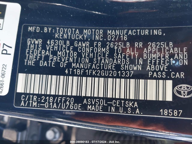 Toyota CAMRY SE 2016 4T1BF1FK2GU201337 Image 9