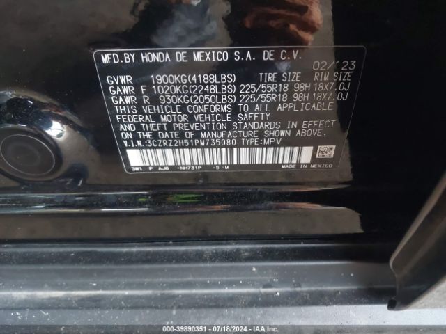 3CZRZ2H51PM735080 Honda Hr-v Awd Sport