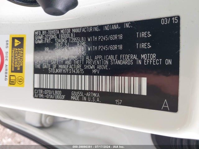 Toyota Highlander Xle V6 2015 5TDJKRFH7FS143615 Image 9