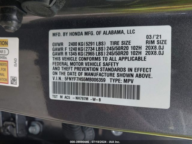 5FNYF7H55MB006359 Honda Passport 2wd Ex-l