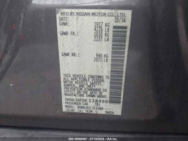 1N4AL3AP2HC138499 Nissan Altima 2.5/2.5 S/2.5 Sl/2.5 Sr/2.5 Sv
