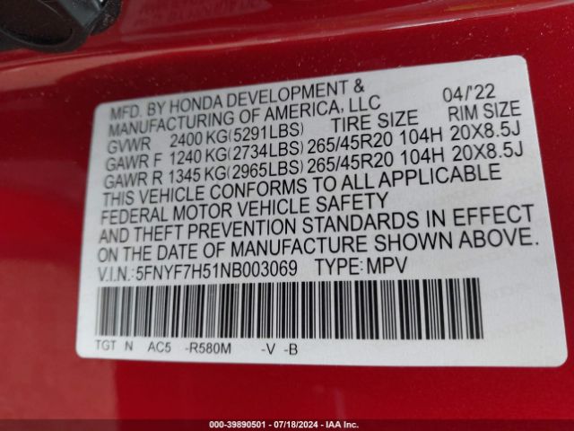 5FNYF7H51NB003069 Honda Passport 2wd Ex-l