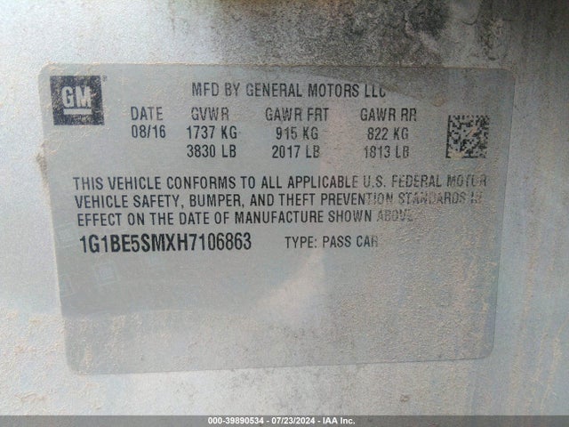 1G1BE5SMXH7106863 Chevrolet Cruze Lt Auto