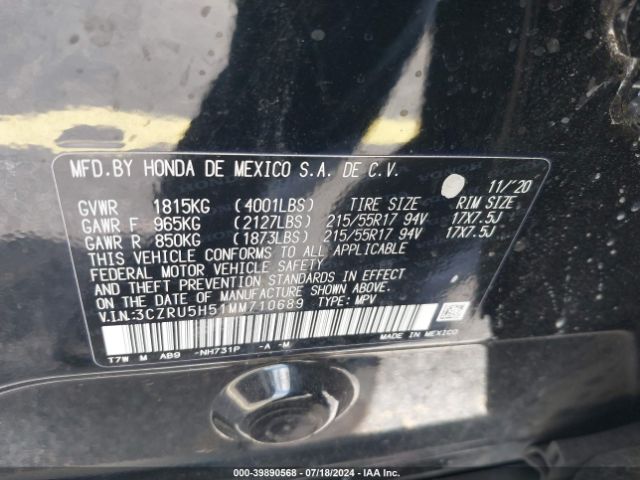 3CZRU5H51MM710689 Honda Hr-v 2wd Ex