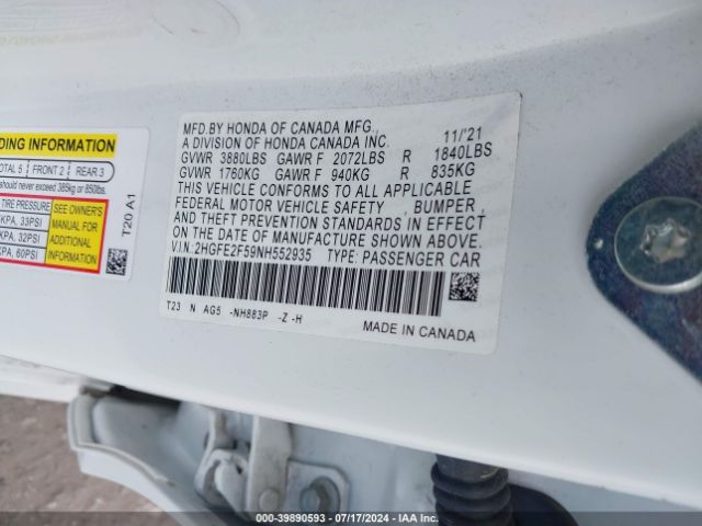 2HGFE2F59NH552935 Honda Civic Sport
