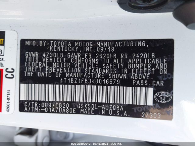4T1BZ1FB3KU016679 Toyota AVALON XSE