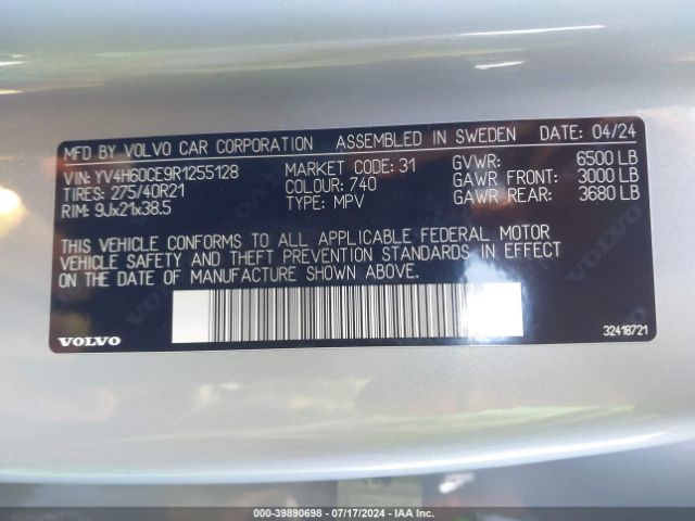 YV4H60CE9R1255128 Volvo Xc90 Recharge Plug-in Hybrid T8 Plus Bright Theme 7-seater