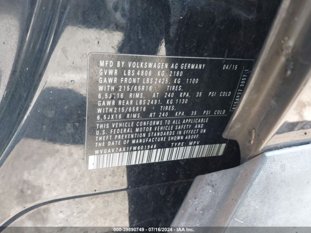 WVGAV7AX1FW601946 Volkswagen TIGUAN S