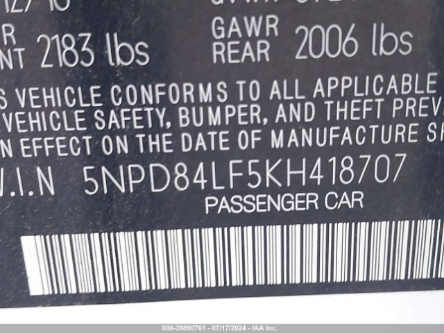5NPD84LF5KH418707 Hyundai Elantra Value Edition