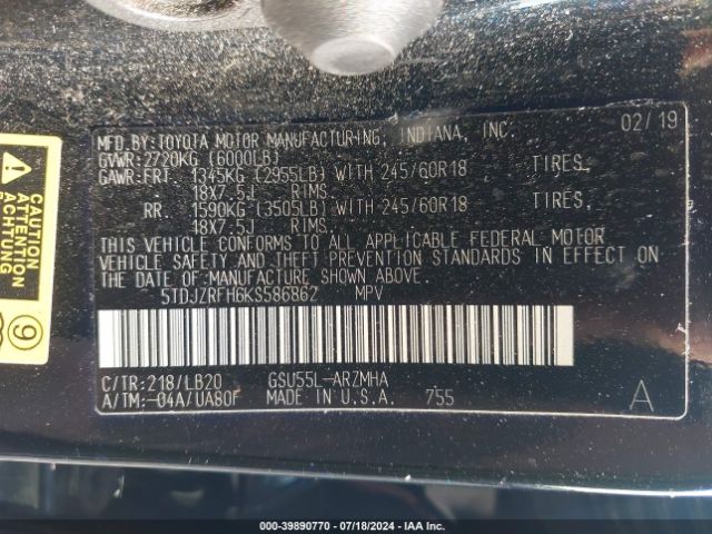 5TDJZRFH6KS586862 Toyota Highlander Xle