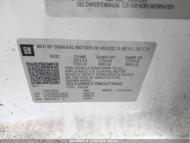3GTU9EET7MG273543 GMC Sierra 1500 4wd  Short Box At4