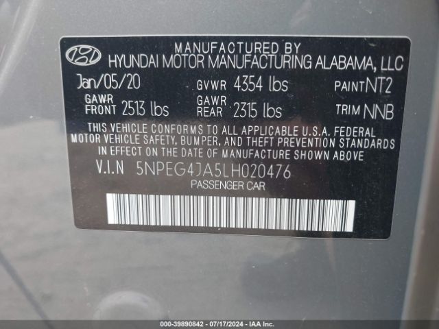 5NPEG4JA5LH020476 Hyundai SONATA SE