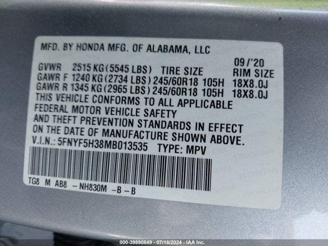 Honda Pilot 2wd Ex 2021 5FNYF5H38MB013535 Image 9