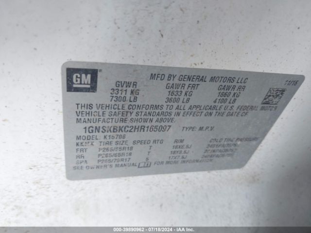 1GNSKBKC2HR165097 Chevrolet Tahoe Lt