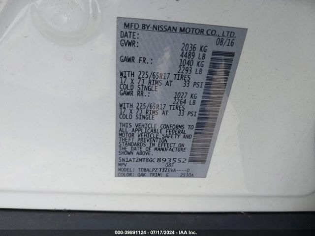 5N1AT2MT8GC893552 Nissan ROGUE S