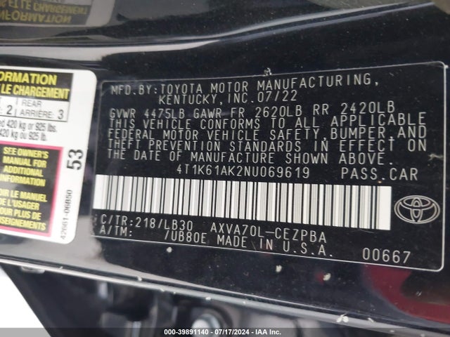 Toyota CAMRY XSE 2022 4T1K61AK2NU069619 Image 9