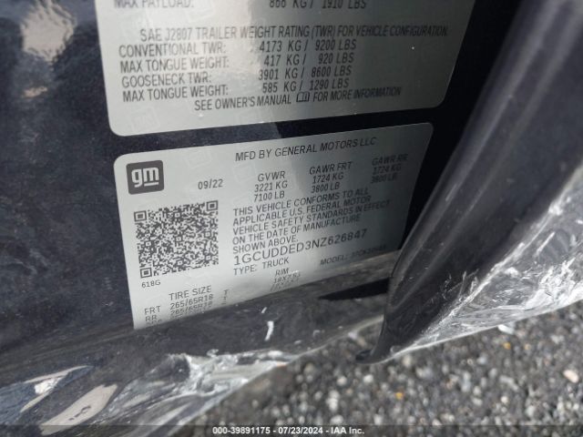 1GCUDDED3NZ626847 Chevrolet Silverado 1500 4wd  Standard Bed Lt