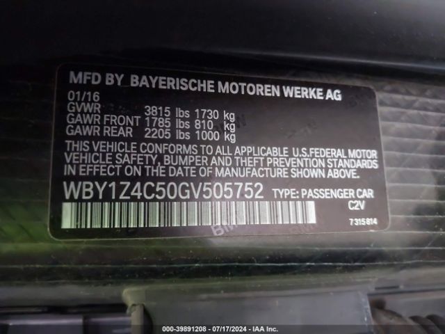 WBY1Z4C50GV505752 BMW I3 Base W/range Extender