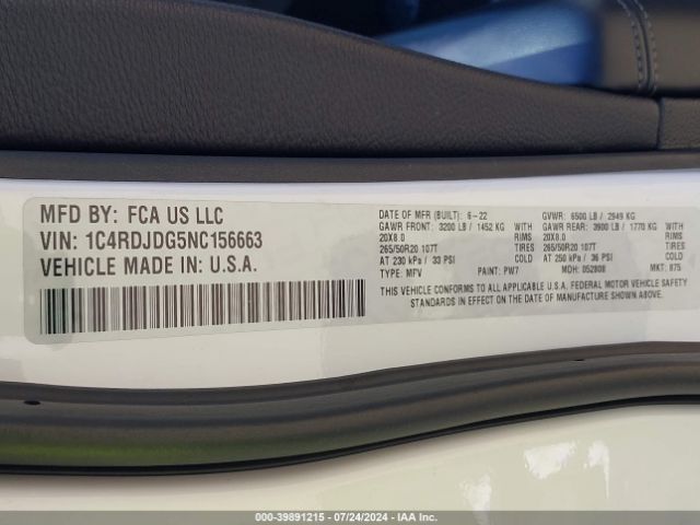 1C4RDJDG5NC156663 Dodge Durango Gt Plus Awd