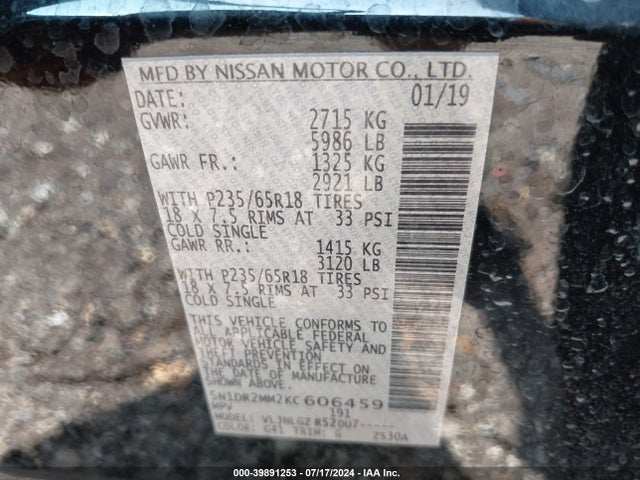 Nissan Pathfinder Sl 2019 5N1DR2MM2KC606459 Image 9