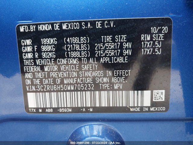 Honda Hr-v Awd Ex 2021 3CZRU6H50MM705232 Image 9
